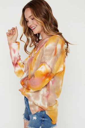 Jasper Tie-Dye Waffle Long Sleeve Top - Rust