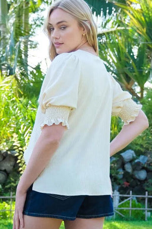 Delta V-Neck Blouse w/Smocked Detail Sleeve - Taupe