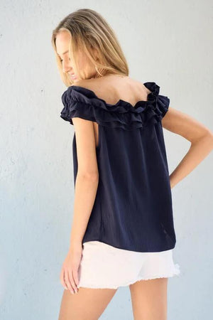 Ina Double Ruffled On/Off Shoulder Top - Navy