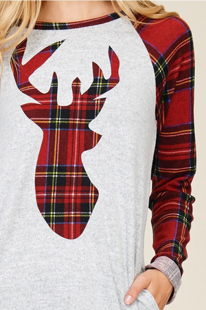 Caribou Raglan Sleeve Top - Reindeer Red Plaid