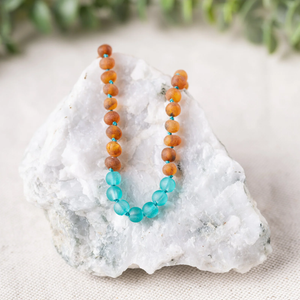 Kids "Grow With Me" Baltic Amber Necklace Set  / Baby to Toddler - Aqua Sea Glass + Raw Cognac