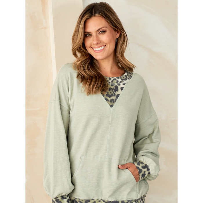 Pattie Slub Knit Animal Print Long Sleeve Top - Sage