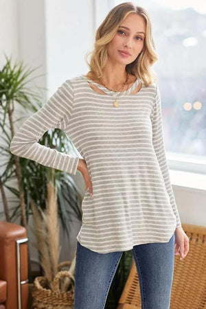 Frannie Stripe Round Neck Long Sleeve Top - Heather Grey