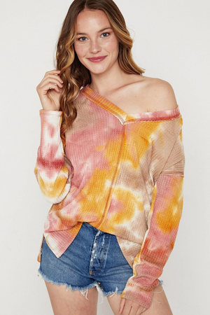 Jasper Tie-Dye Waffle Long Sleeve Top - Rust