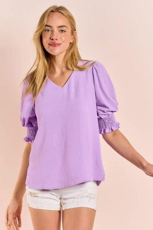 Delta V-Neck Blouse with Smocked Sleeve Detail - Lilac