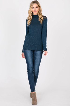 Paige Lettuce-Edge Neck Long Sleeve Top - Navy