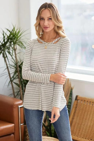 Frannie Stripe Round Neck Long Sleeve Top - Heather Grey