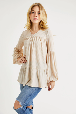 Nally Babydoll V-Neck Blouse - Taupe