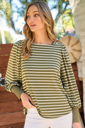 Ashley Stripe Boat Neck Top - Olive