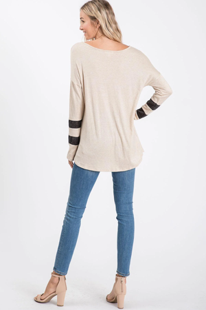 Nettie Melange Color Block Top - Taupe