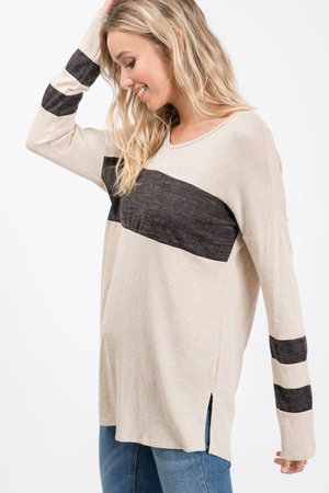 Nettie Melange Color Block Top - Taupe