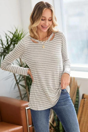 Frannie Stripe Round Neck Long Sleeve Top - Heather Grey