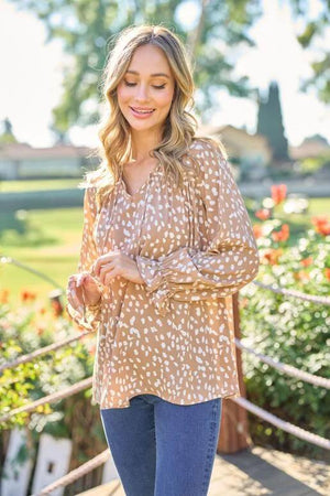 Elvera Spot Print Long Sleeve Blouse - Tan