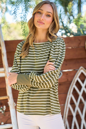 Ashley Stripe Boat Neck Top - Olive