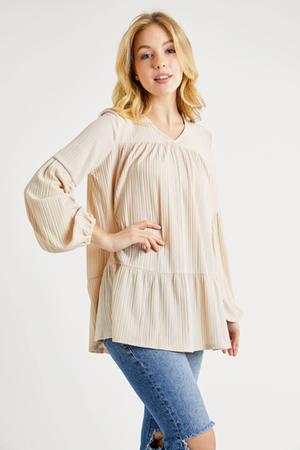 Nally Babydoll V-Neck Blouse - Taupe
