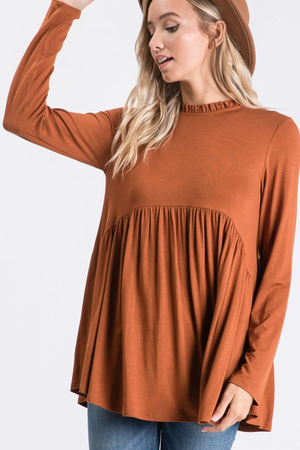 Barkley Ruffle Mock Neck Baby Doll Top - Camel