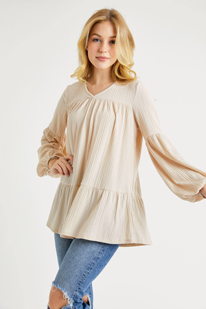 Nally Babydoll V-Neck Blouse - Taupe