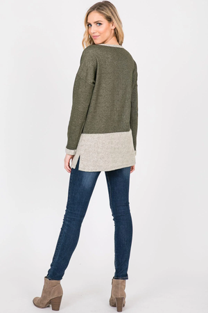 Nancy Color Block French Terry Long Sleeve Top - Olive