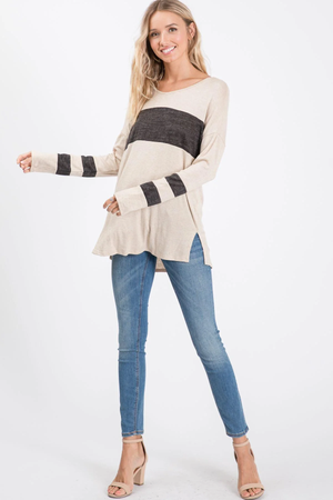 Nettie Melange Color Block Top - Taupe