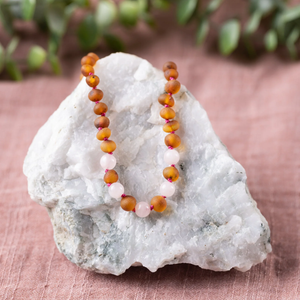Kids "Grow With Me" Baltic Amber Necklace Set  / Baby to Toddler - Rose Quartz + Raw Cognac