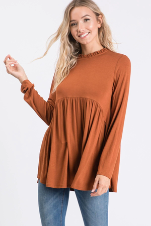 Barkley Ruffle Mock Neck Baby Doll Top - Camel