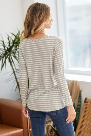 Frannie Stripe Round Neck Long Sleeve Top - Heather Grey