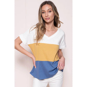 Iva Color Block Slub Jersey Top - Blue