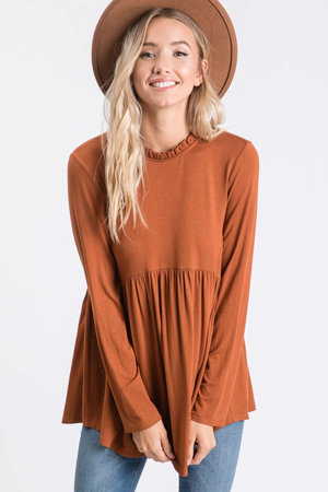 Barkley Ruffle Mock Neck Baby Doll Top - Camel