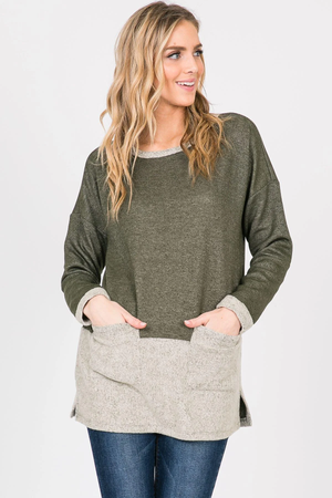 Nancy Color Block French Terry Long Sleeve Top - Olive