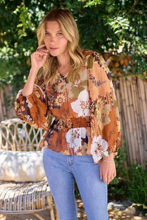 Oriana Floral Printed Blouse - Brown