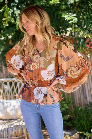 Oriana Floral Printed Blouse - Brown