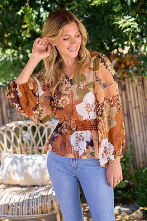 Oriana Floral Printed Blouse - Brown