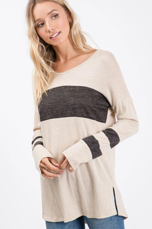 Nettie Melange Color Block Top - Taupe