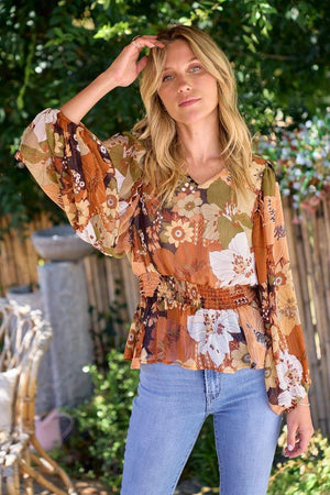 Oriana Floral Printed Blouse - Brown