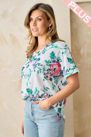 Fleur Print Top with Short Rolled Sleeves - White