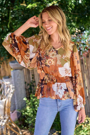 Oriana Floral Printed Blouse - Brown