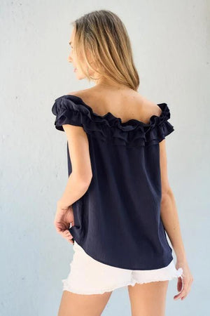 Ina Double Ruffled On/Off Shoulder Top - Navy