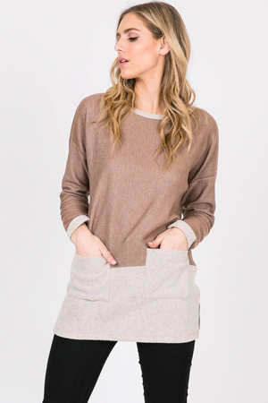 Nancy Color Block French Terry Long Sleeve Top - Mocha