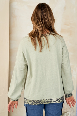 Pattie Slub Knit Animal Print Long Sleeve Top - Sage