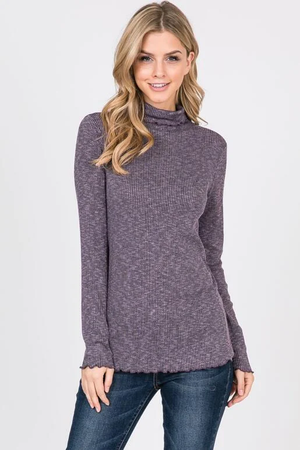 Paige Lettuce-Edge Neck Long Sleeve Top - Purple