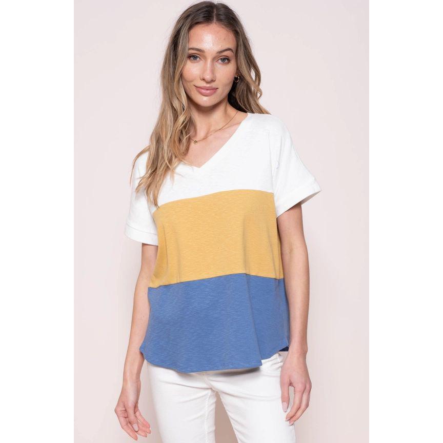 Iva Color Block Slub Jersey Top - Blue