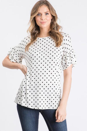 Astra Polka Dot Ruffle Sleeve Top - Off White