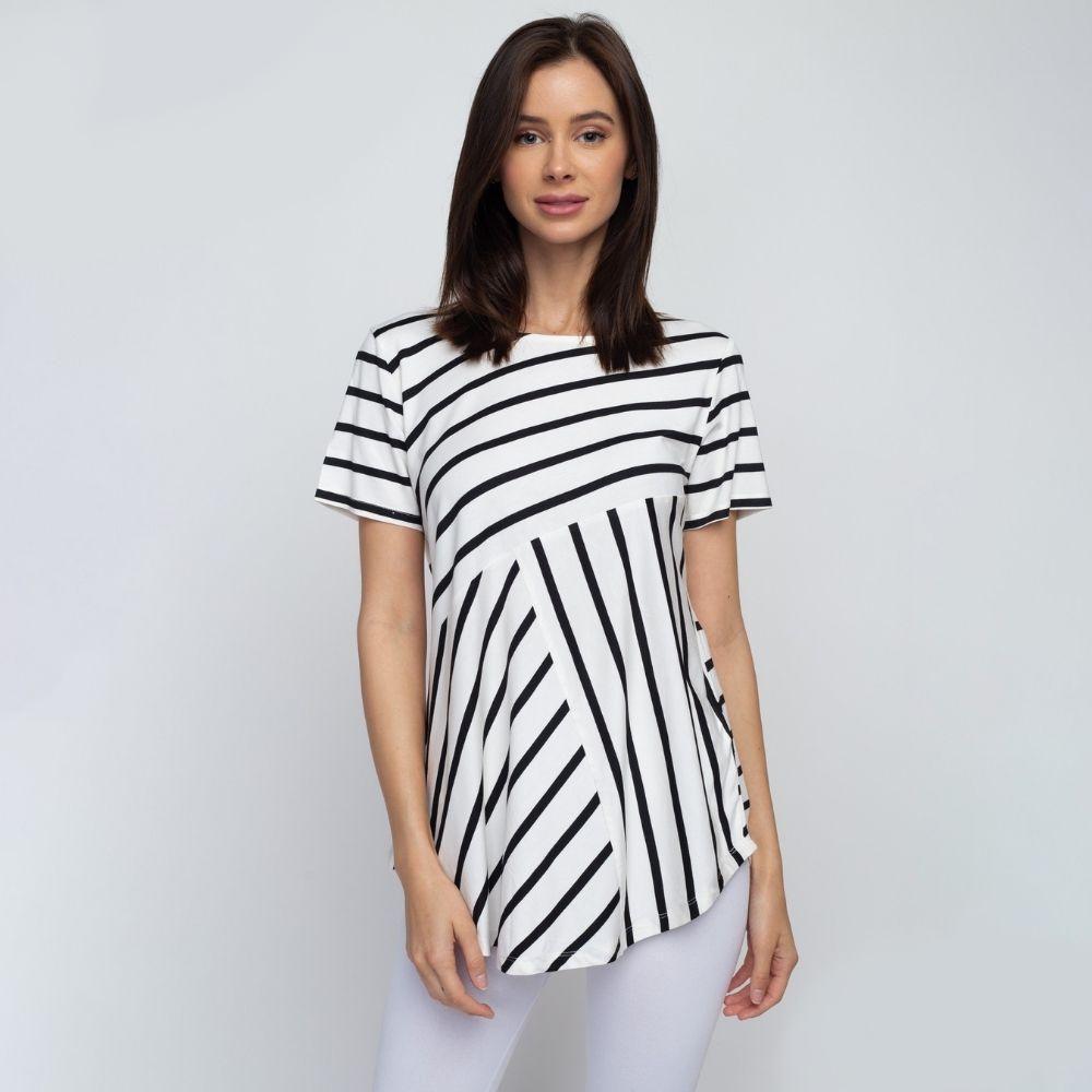 Josie Striped White and Black Short Sleeve Tunic Top