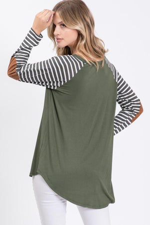 Quinn Raglan Strip Long Sleeve with Suede Elbow Patch - Olive