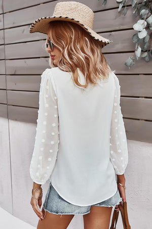 V-Neck Solid Long Sleeve Top - White