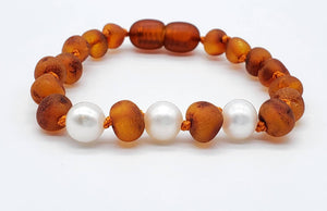 RBA - Kids Baltic Amber + Gemstone Bracelets/Anklets - Raw Cognac Pearl