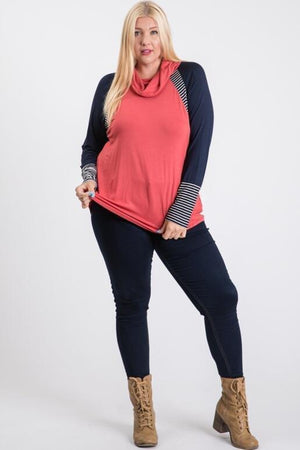 Naya Plus Size Long Sleeve Color Block Raglan - Coral