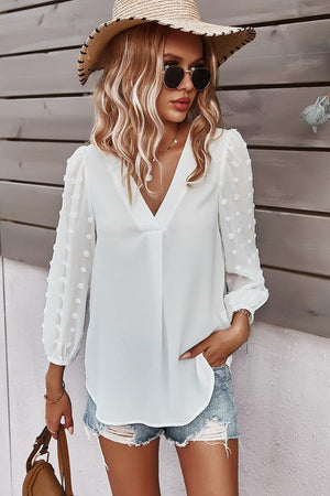 V-Neck Solid Long Sleeve Top - White