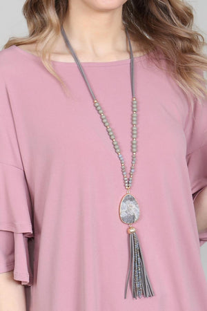 Necklace - Natural Stone Tassel Pendant Necklace - Multiple Color Choices