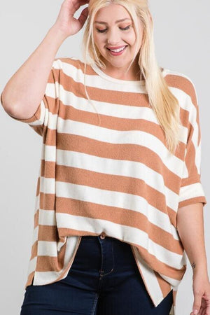 Cora Plus Size Boxy Fit 3/4 Sleeve Top - Brown